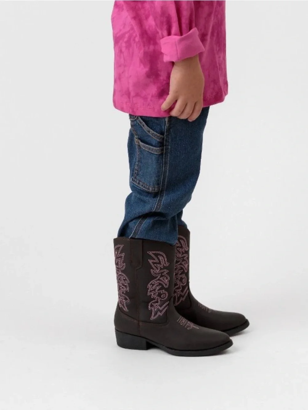 Deer Stags Dark Brown Boot with Pink Embroidery - Big Kids 7M